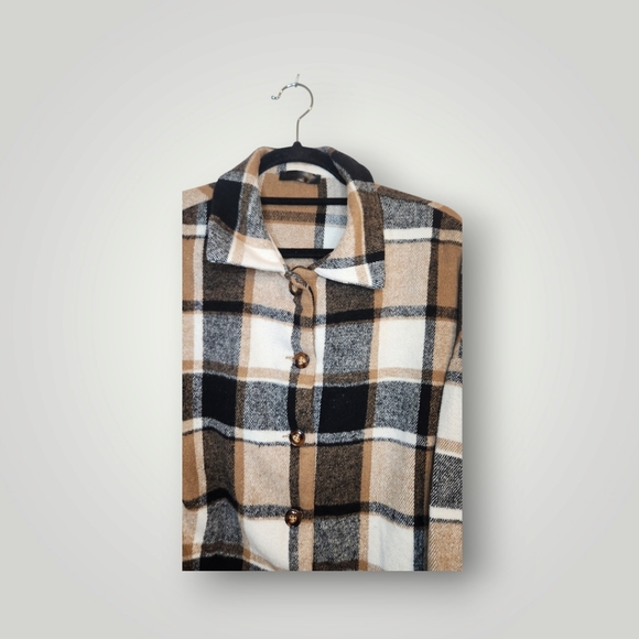 Pretty garden Plaid Flannel Shacket Women Large Brown Button Up Oversize… - Picture 2 of 15